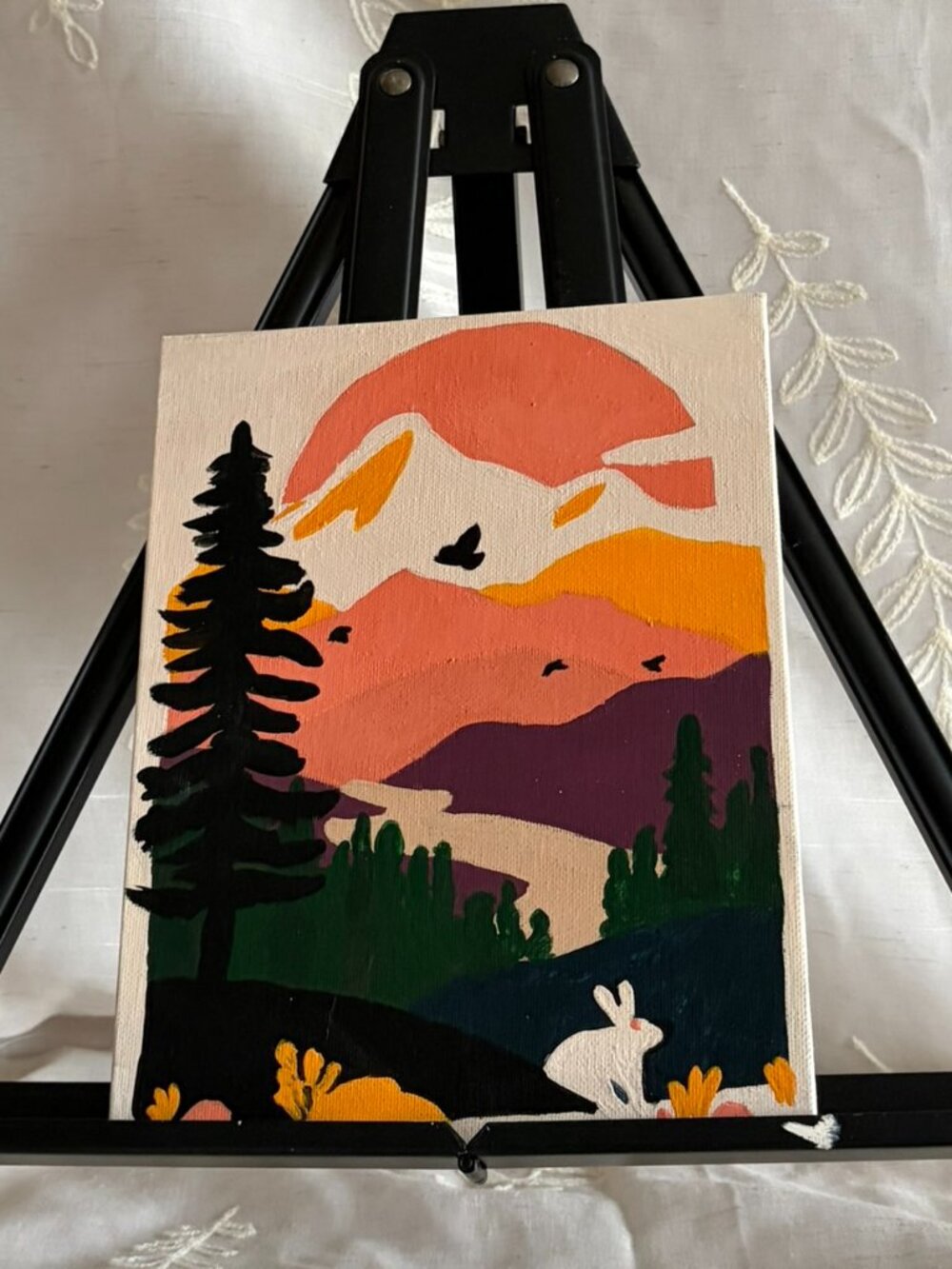 Hand Painted Mountain Sunset Rabbit Landscape Canvas 7x9